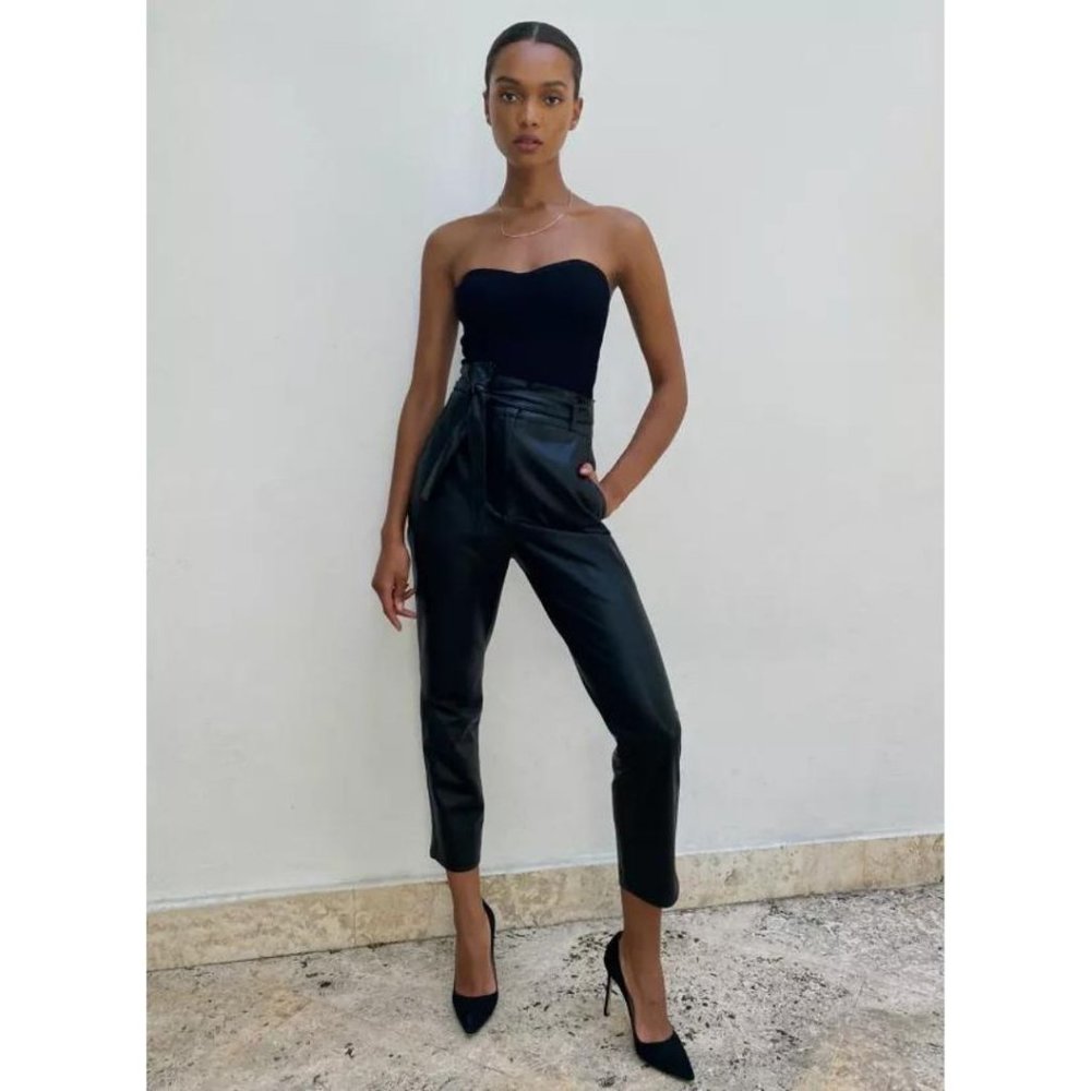 Babaton Vegan Leather Belted Pants Tie-front Black Size 4 Aritzia